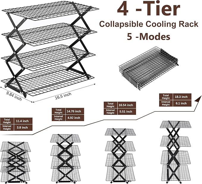 Pleafind 4 Tier Collapsible Cooling Rack - 3 Setting Design, Adjustable ＆ Stackable Baking Rack, 5 Modes Cooling Racks for Cooking and Baking, Roasting ＆ Grilling Gifts for Picnic Party