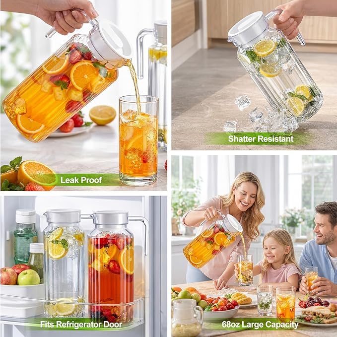 Panitay 2 Pcs 68 Ounces Plastic Pitcher with Lid Clear Acrylic Refrigerator Safe Pitcher Shatter Proof Juice Containers with Lids for Water Milk Sangria Lemonade Cold Drinks