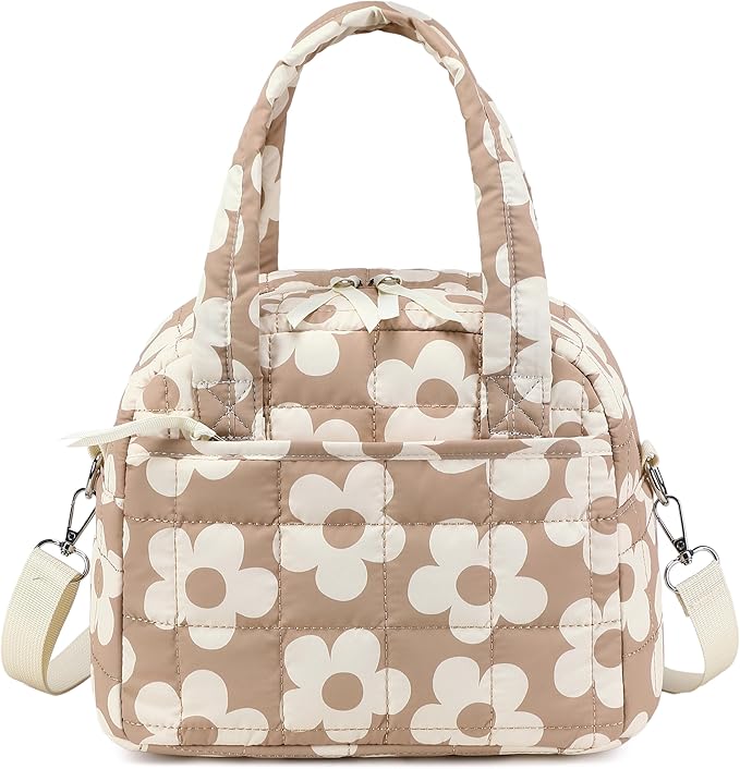 LEDAOU Lunch Box for Women Lunch bag Quilted Puffer Insulated Lunch Box with Adjustable Strap Reusable LunchBox for Work School Picnic Travel (Big Flower Brown)