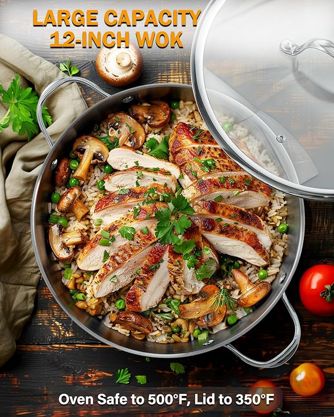 Cooks Standard Multi-Ply Clad Stainless Steel Wok Stir Fry Pan with Glass Lid, 12-inch large Stainless Steel Deep Frying Pan, Everyday Chef's Pan Flat Bottom Wok Induction Cookware