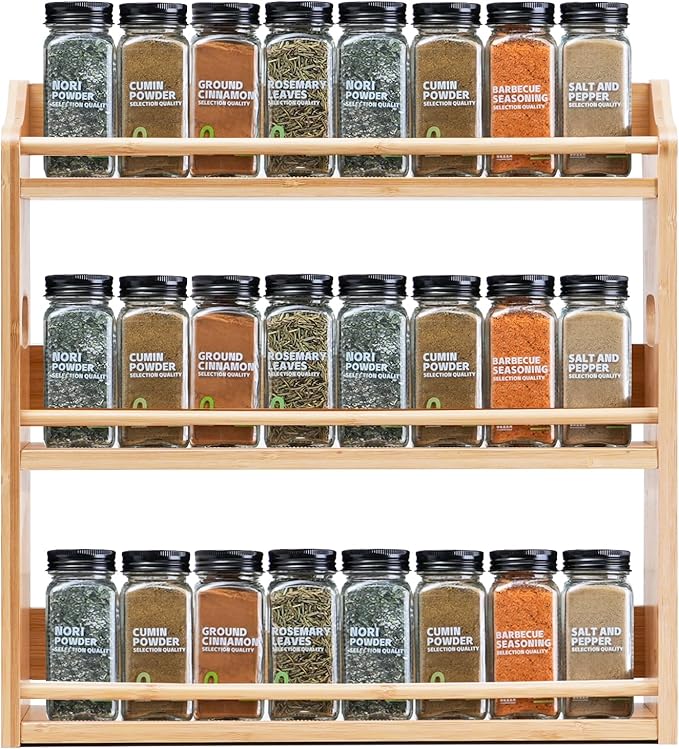 Bamboo Spice Rack Organizer, 3 Tier Spice Jars Storage Rack with Handles, Seasoning Shelf for Kitchen Counter or Wall