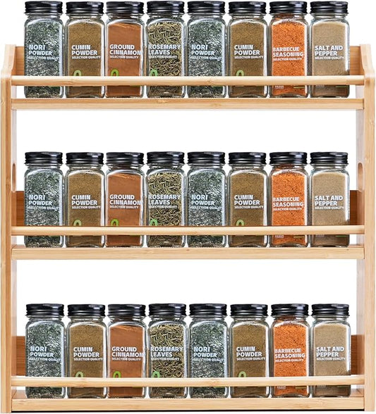 Bamboo Spice Rack Organizer, 3 Tier Spice Jars Storage Rack with Handles, Seasoning Shelf for Kitchen Counter or Wall