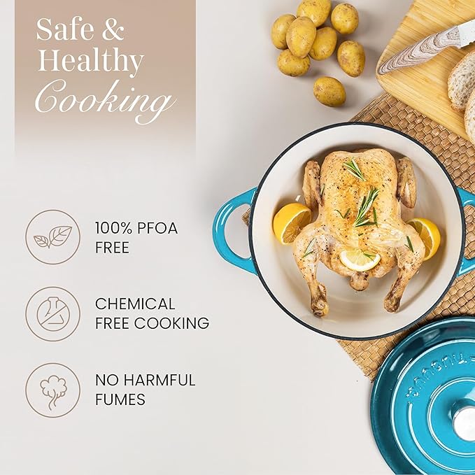 Cast Iron Pot with Lid – Non-Stick Ovenproof Enamelled Casserole Pot, Oven Safe up to 500° F – Sturdy Dutch Oven Cookware – Blue, 5-Quart, 24cm – by Nuovva