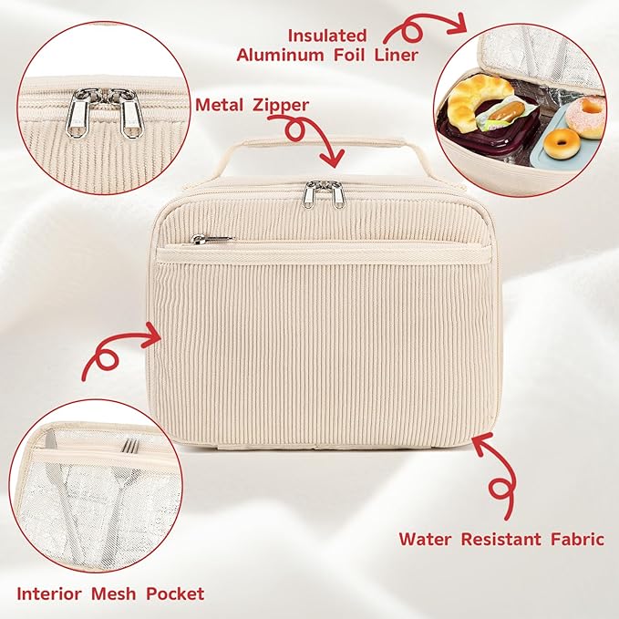 LEDAOU Lunch Bag Kids Insulated Lunch Box Girl Boy Insulated Reusable Lunch Bag for School Picnic Hiking Work (cream-coloured)