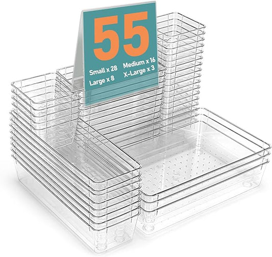 55Pcs Clear Plastic Drawer Organizers Set, 4size makeup drawer organizer trays for vanity,desk,bathroom,office,nightstand,gadgets for kitchen drawer, Versatile drawer divider storage bins