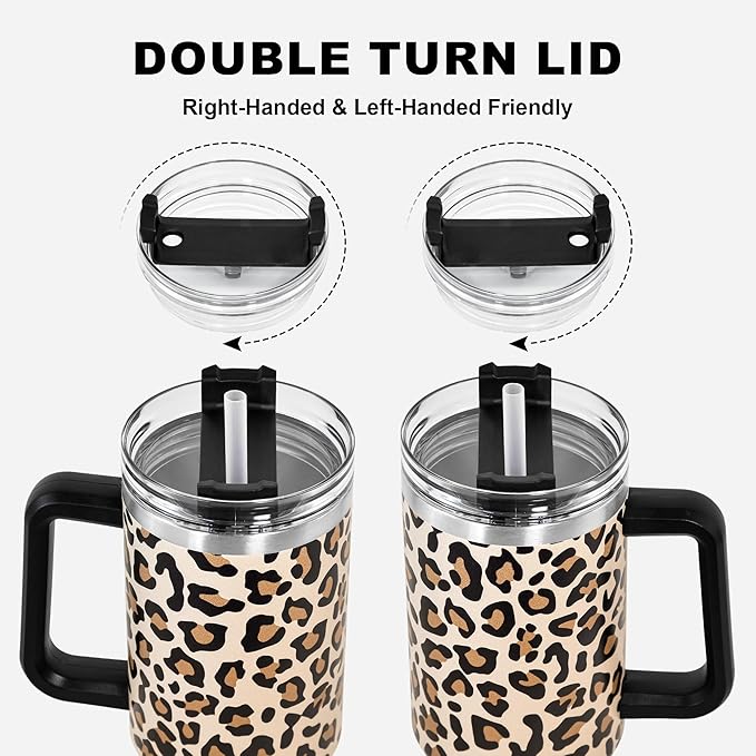 40 oz Tumbler with Handle and Straw, 100% Leak-Proof Travel Mug, Stainless Steel Double Wall Vacuum Insulated Coffee Cup Keeps Cold For 34 Hours, Cheetah