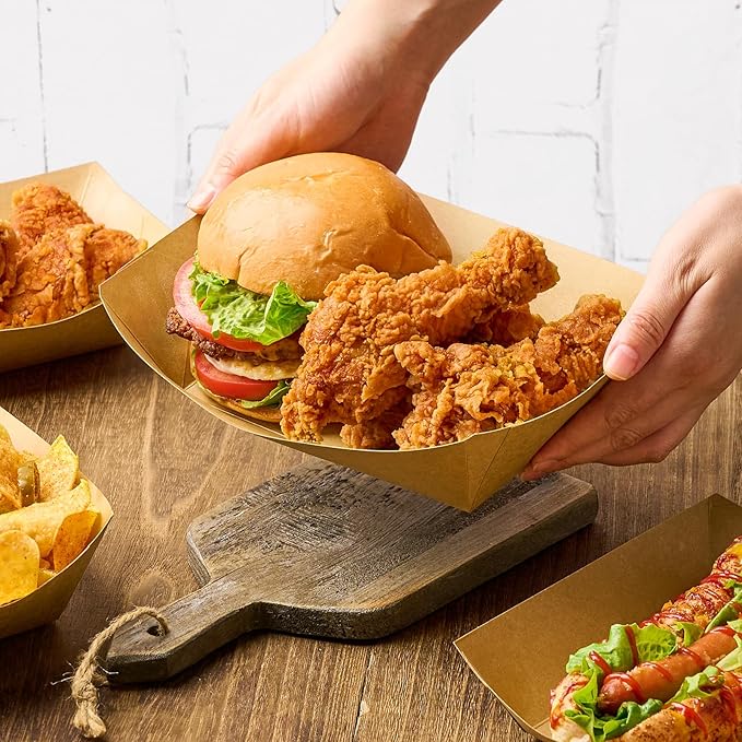 5 LB Extra Large Paper Food Trays, 100 Pack Disposable Nacho Trays Kraft Paper Food Boats Party Serving Baskets for Sandwiches Burgers Popcorns Snacks