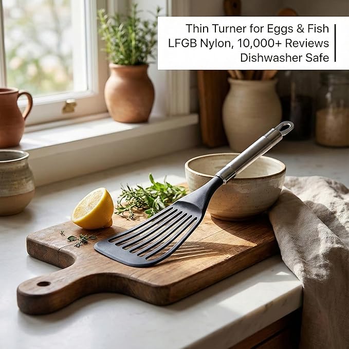 KSENDALO Fish Spatula for Nonstick Pans 2-Pack - Thin Turner for Eggs & Fish | LFGB Nylon, 10,000+ Reviews | Dishwasher Safe