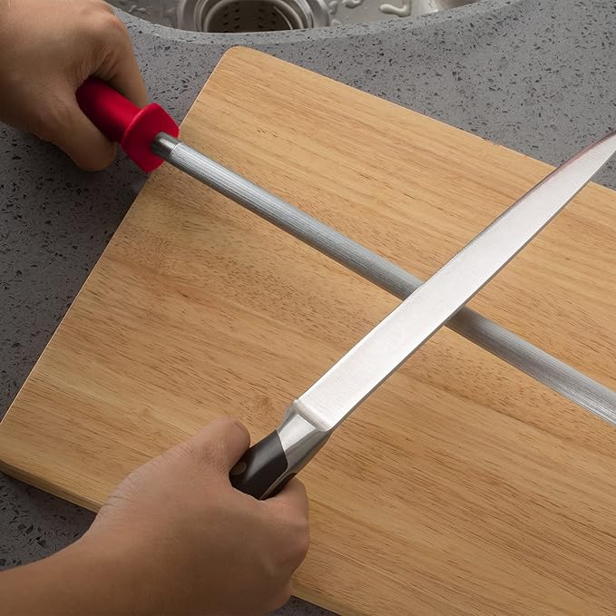 Knives Sharpener Knives Sharpening Honing Rod ALLWIN HOUSEWARE Knives Carbon Honing Steel for Chef Knives Daily Edge Maintenance Non‑Slip Handle with Anti‑Slip Metal Tip for Kitchen Cooking Gift, Red