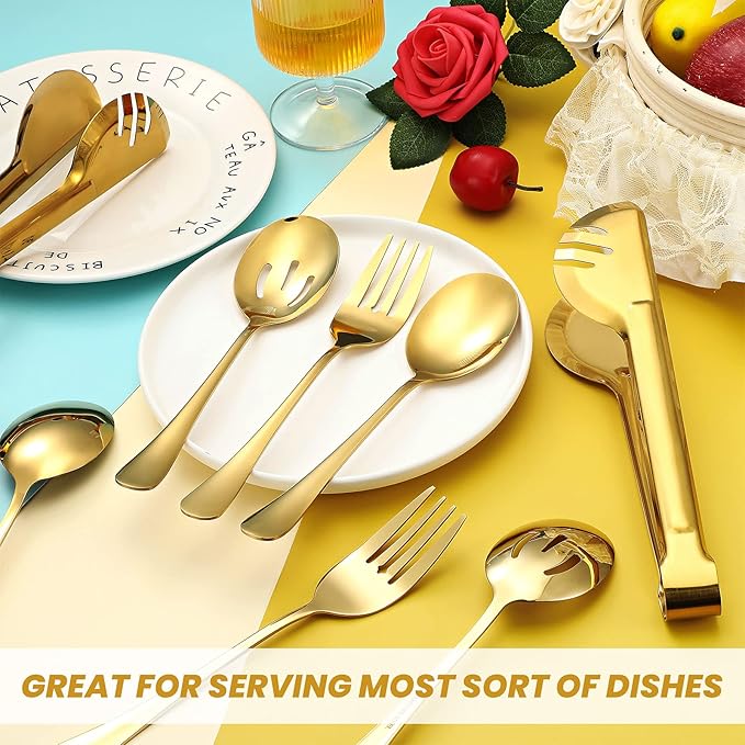 Patelai 8 Pcs Gold Stainless Steel Serving Utensils Set 8.7" Large Spoons and Slotted Spoon 9.45" Tong 9" Forks Flatware Wedding Valentine's Day Holiday Party Buffet Banquet Cooking Kitchen Catering