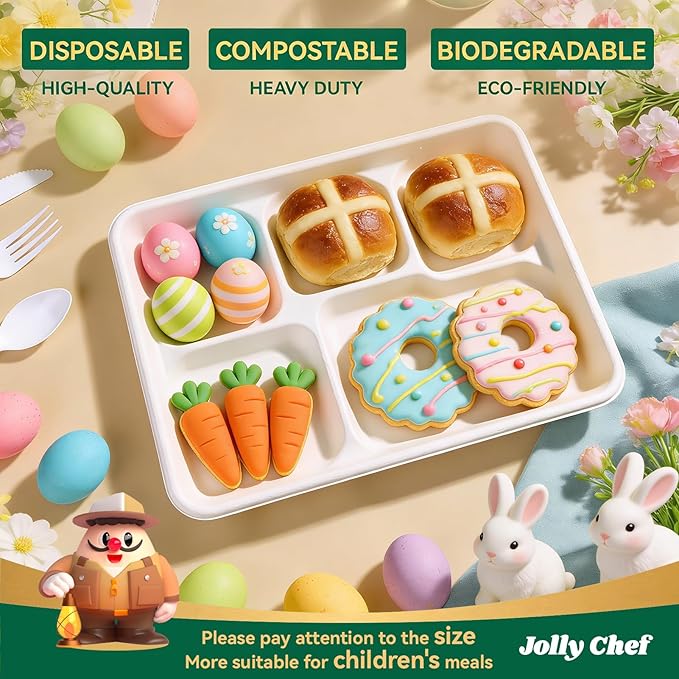 JOLLY CHEF Compostable 𝟱 Compartment Paper Plates 𝟭𝟭 * 𝟴 𝗶𝗻𝗰𝗵 [𝟱𝟬𝟬 𝗣𝗮𝗰𝗸] Heavy Duty White Divided Disposable Plate Eco-Friendly Biodegradable Food Trays for Party Lunch Dinner Christmas