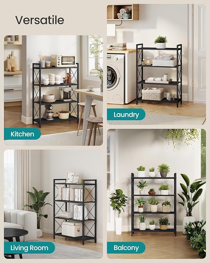SONGMICS 4-Tier Metal Storage Rack, Shelving Unit with X Side Frames, Dense Mesh, 12.6 x 31.5 x 44.3 Inches, for Entryway, Kitchen, Living Room, Bathroom, Industrial Style, Ink Black UBSC184B01