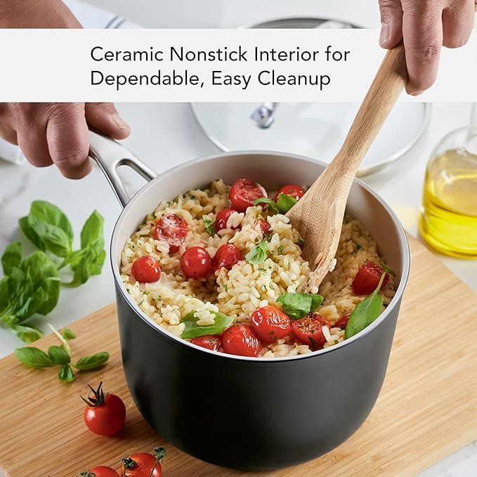 KitchenAid Hard Anodized Ceramic Nonstick Cookware Sauce Pan with Lid, 3 Quart - Matte Black