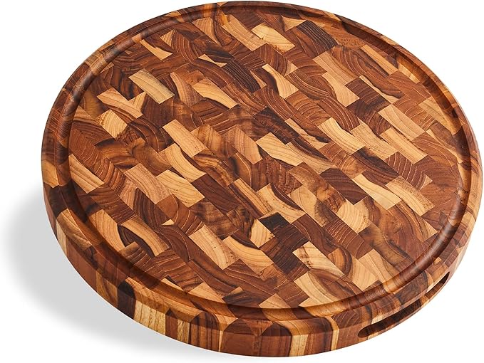Sonder Los Angeles Vincent Round Cutting Board | Teak End Grain Cutting Board for Kitchen with Juice Groove | Perfect for Pizza & Charcuterie | Gift Box Included | 15x15x1.5 in