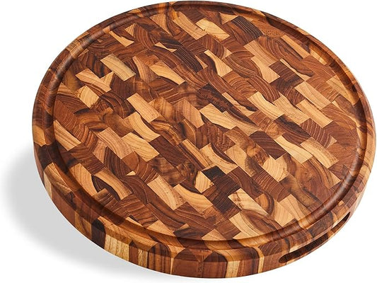 Sonder Los Angeles Vincent Round Cutting Board | Teak End Grain Cutting Board for Kitchen with Juice Groove | Perfect for Pizza & Charcuterie | Gift Box Included | 15x15x1.5 in