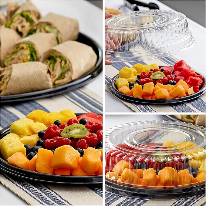 12" Catering Trays with Lids [10 Pack], Black Serving Tray with Clear Lid, Plastic Disposable Round Party Trays and Platters, Flan Containers with Lids, Dessert Sandwich Cookie Food Trays for Parties