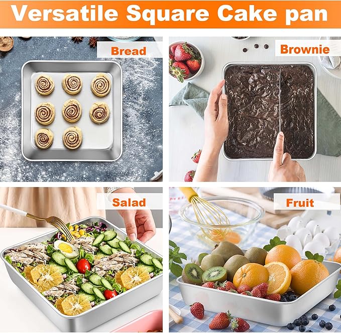 TeamFar 9 x 9 Inch Square Cake Pan, Stainless Steel Square Baking Pan with Lid for Brownie Lasagna, Non-Toxic & Heavy Duty, One Piece & Smooth, Dishwasher Safe & Easy Clean, (1 Pan + 1 Lid)
