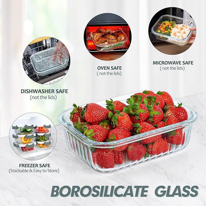 KOMUEE 10 Packs 22 oz Glass Meal Prep Containers with Lids, Airtight Glass Lunch Containers, BPA Free, Microwave, Oven, Freezer and Dishwasher Friendly, Gray