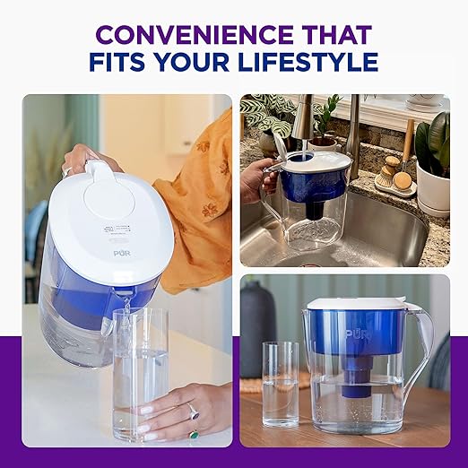 PUR 11-Cup Water Pitcher, 1 Filter, Cleaner, Great-Tasting Water, Dishwasher Safe, Powerful Filtration, Filter Change Light Indicator, LockFit Cap Design, White