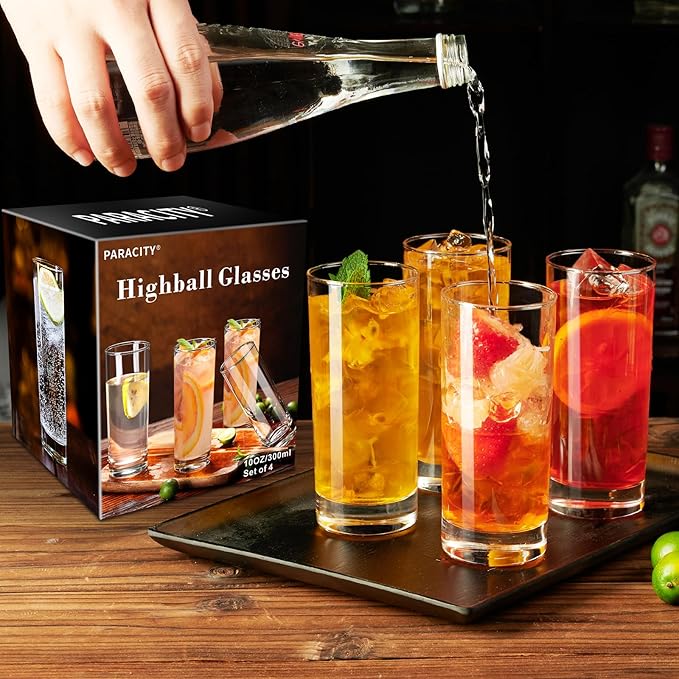 PARACITY Highball Glasses Set of 4, Drinking Glasses 10 Oz, Clear Glass Cups, Tall Tumbler Water Glasses, Glassware Set for Cocktail, Coffee, Mojitos