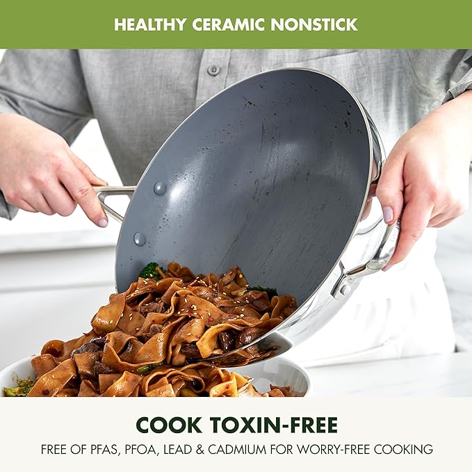 GreenPan Valencia Pro Tri-Ply Stainless Steel 12” Wok with Lid, PFAS-Free Ceramic Nonstick Coating, Induction Ready Cookware, All Cooktops, Dishwasher & Oven Safe to 600F