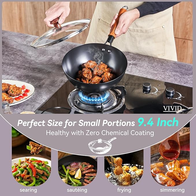 Carbon Steel Wok Pan with Lid, 9.8 Inch Deep Flat Bottom Wok, Coating-Free Carbon Steel Pan for Stir Fry, Soup, Noodles, Braising & Boiling, Small Induction Wok with Wooden Handle