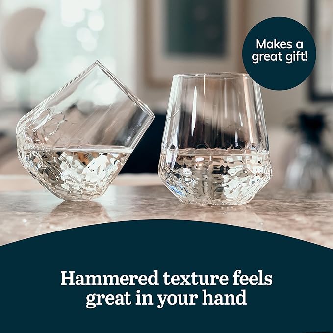 Libbey Hammered Stemless Wine Glasses Set of 8, 17.75-ounce, Dishwasher-Safe, Chiseled Textured Glassware Set, All Purpose Wine Glasses for Everyday Use