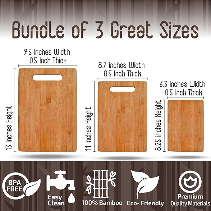 Bamboo Cutting Boards for Kitchen [Set of 3] Wood Cutting Board for Chopping Meat, Vegetables, Fruits, Cheese, Knife Friendly Serving Tray with Handles, 3 Piece Large, Medium, Small Size for Food Prep