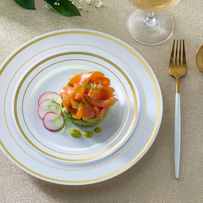 SETUP 60-Piece Gold Trim Plastic Dinnerware Set – 30 10.25" Dinner & 30 7.5" Salad Plates – Heavy-Duty Disposable for Weddings, Catering, Parties