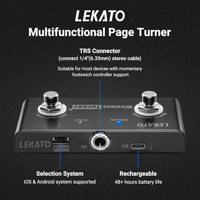 LEKATO Wireless Page Turner Pedal Bluetooth Foot Pedal for Tablets Phone (Android & IOS system above version 13.4 support) - External Pedal for LEKATO Loop Pedal Tuner Switching Control