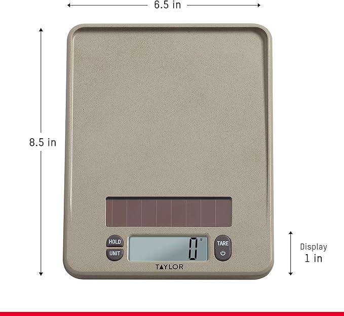 Taylor Light Powered Digital Kitchen Scale, Coffee Husk Blend Material, Solar Panel with Endless Power, No Batteries Needed, Energy-Saving, 11lb Capacity, Beige