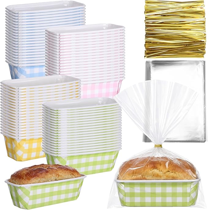 LemonRoad 24 Sets Easter Paper Loaf Pan for Baking 6.3 x 2.2 x 2.2 Inch Small Disposable Colorful Plaid Baking Pans with Clear Plastic Bags and Ties Rectangle Cake Pan for Bread Mold Supply Gift