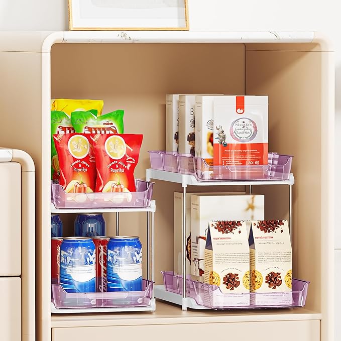 Delamu 2-Tier Multi-Purpose Bathroom Under Sink Organizers and Storage, Stackable Kitchen Pantry Organization, Pull Out Medicine Cabinet Organizer with Movable Dividers, Purple, 2 Pack