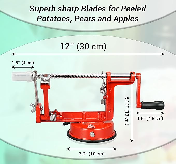 Apple Peeler Slicer Corer - (Extra 2 Blades & 1 Corer) 3 in 1 Kitchen Peeling Machine for Vegetables and Fruits, Stainless Steel Adjustable Blade, Anti Slip Suction Base