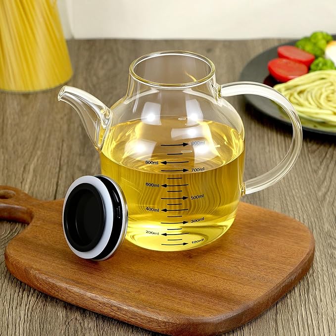QWORK 900ML/30Oz Large Glass Cooking Oil Bottle with Stainless Steel Lid, Oil & Vinegar Dispenser Bottle, Kitchen No Drip Liquid Container