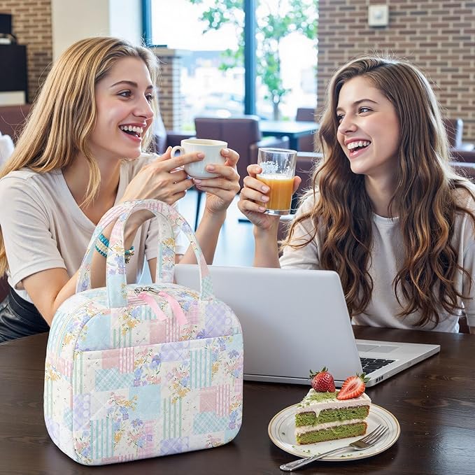 Quilted Lunch Box for Women,Coquette Aesthetic Lunch Box for Teen Girls,Cute Floral Lunch Bags for Work, School,Office,Picnic,Travel (Colorful Patchwork)