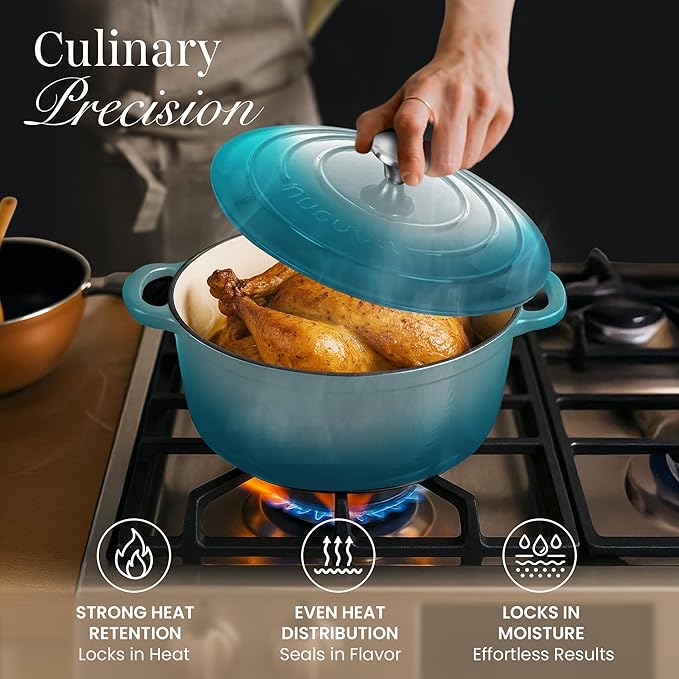 Cast Iron Dutch Oven with Lid – Non-Stick Ovenproof Enamelled Casserole Pot – Sturdy Dutch Oven Cookware – Teal, 3.1-Quart, 22cm – by Nuovva