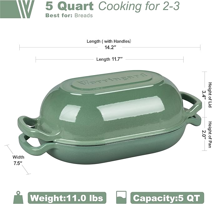 Enameled Cast Iron Sourdough Bread Oven, Dutch Oven, Loaf Cast Iron Bread Pan for Homemade Bread Baking, Meatloaf Pan with Lid, 5QT, Sage Green