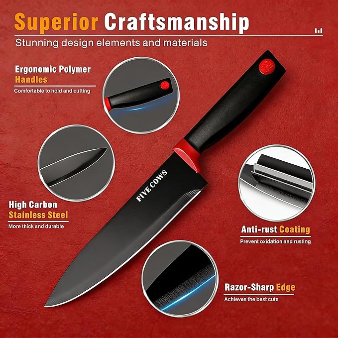 14 Pcs Kitchen Knife Block Set with Sharpener German High Carbon Stainless Steel Chef Knives, Razor-Sharp & Durable, Lightweight Anti-Slip Handle, Professional Set for Home & Kitchen (Red)
