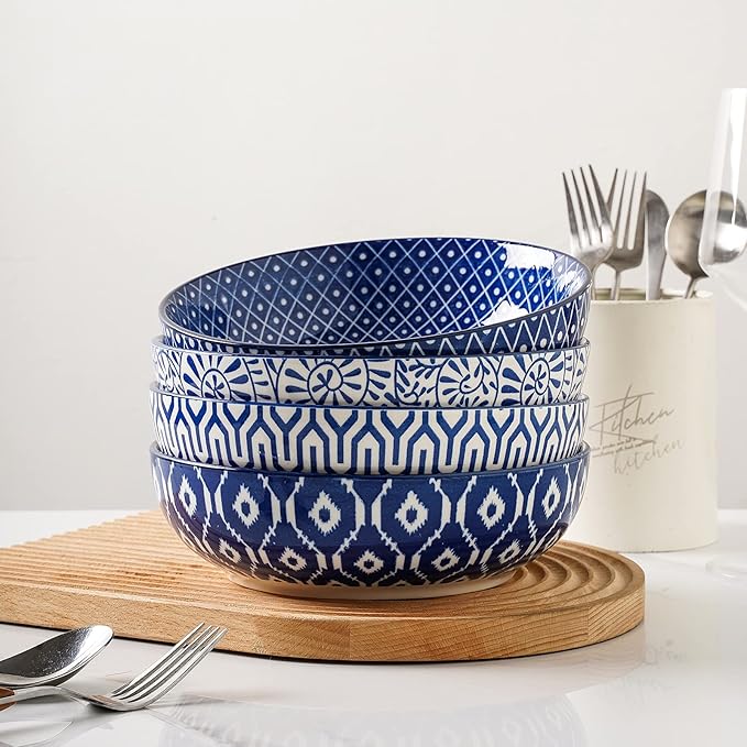 Selamica Ceramic 30 Ounce Pasta Bowls set of 4, 8 inch Serving Bowl Wide and Shallow Microwave Dishwasher Safe, Vintage Blue