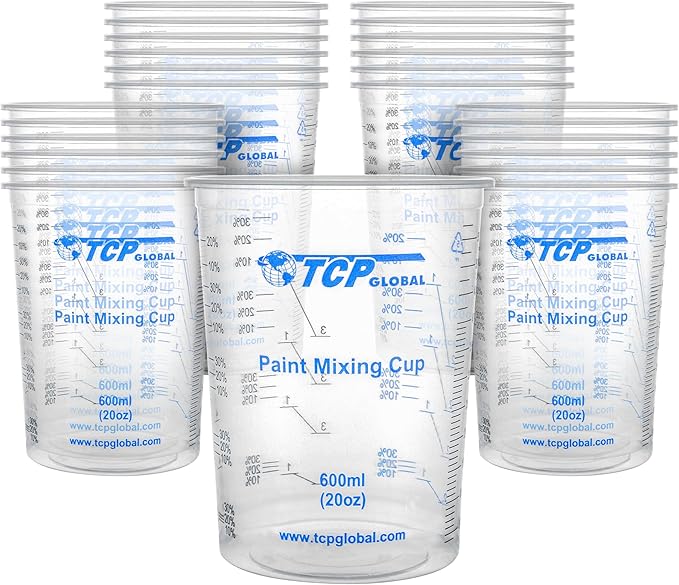 TCP Global 20 oz. (600ml) Graduated Plastic Mixing Cups - Box of 25 - Disposable Plastic Measuring Cups for Liquids, Paints, Resin, Epoxy, Art, Kitchen - Ratios 2-1, 3-1, 4-1 ML