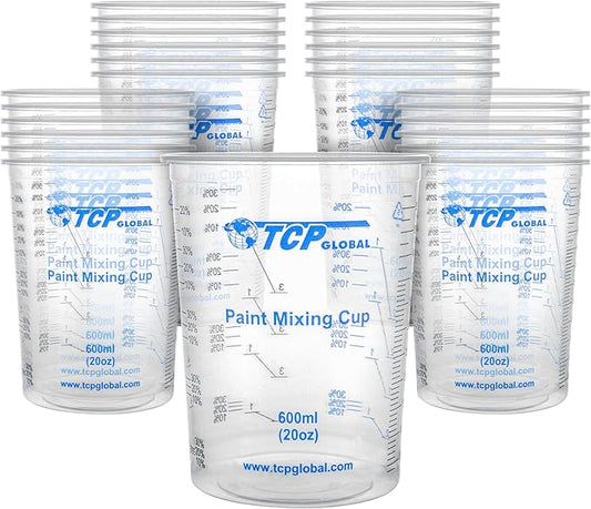 TCP Global 20 oz. (600ml) Graduated Plastic Mixing Cups - Box of 25 - Disposable Plastic Measuring Cups for Liquids, Paints, Resin, Epoxy, Art, Kitchen - Ratios 2-1, 3-1, 4-1 ML