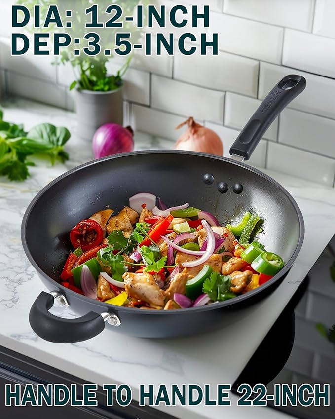 Cook N Home Hard Anodized Nonstick Wok with Lid 12-Inch, Non Stick Stir-Fry Pan, Flat Bottom Wok Pan, Induction Cookware, Black
