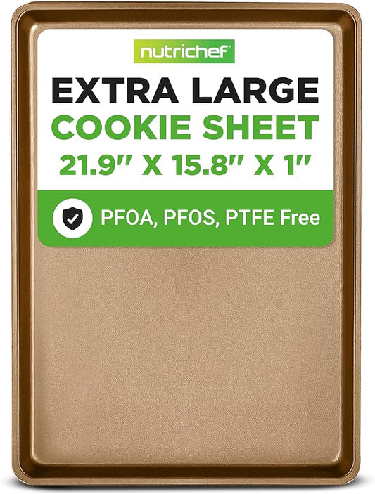 NutriChef Nonstick XL Cookie Sheet Baking Pan, Extra Large 22 Inch x 16 Inch, Carbon Steel Oven Baking Sheet for Cookies & Pastries, Gold - NCLG1GD