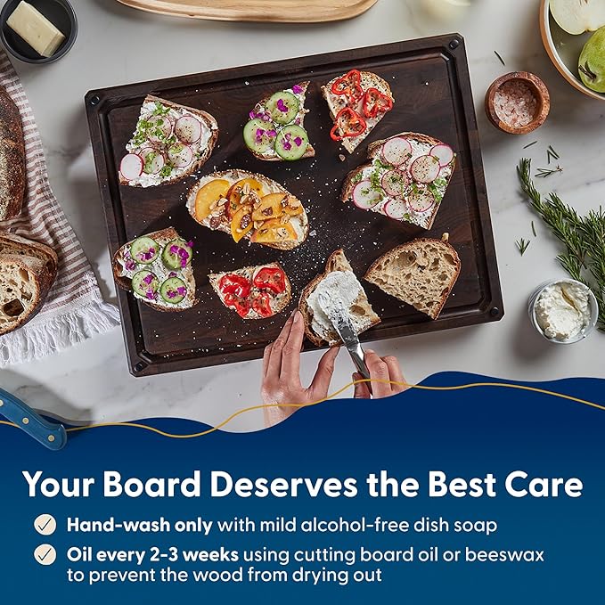 Sonder Los Angeles Alfred Cutting Board Made in USA | Black Walnut End Grain Cutting Board for Kitchen with Non-Slip Feet, Juice Groove, Sorting Compartments | Gift Box Included | 17x13x1.5 in