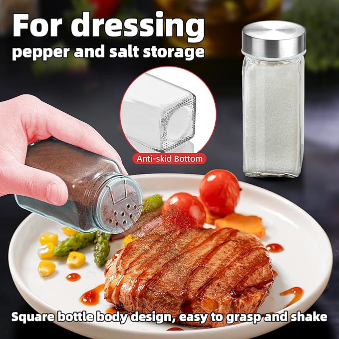 2Pcs 4oz Glass Spice Jars with Shaker Lids, Spice Jars Trial Set & Supplement Set, Empty Spice Containers and Square Spice Bottles for Kitchen (304 Stainless steel Lids)