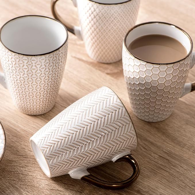 Ceramic Coffee Mug Set - 16 Oz Large Coffee Mugs - Embossed Stoneware Cups with Handle for Latte Tea Cappuccino Cocoa - Microwave Dishwasher Safe - Set of 4 - Square Pattern