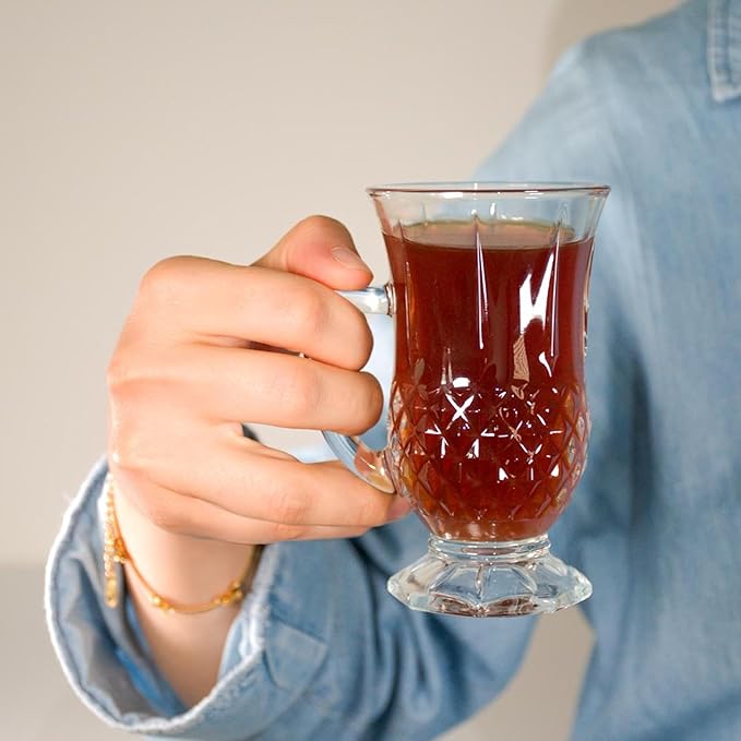 Footed Turkish Tea Glasses With Handle, Set of 24 Cups, Crystal Clear Tea and Latte Glasses, Slim Waist Design and Thick Sole Prevent the Drinks From Getting Cold, Dishwasher Safe, 5.5 oz