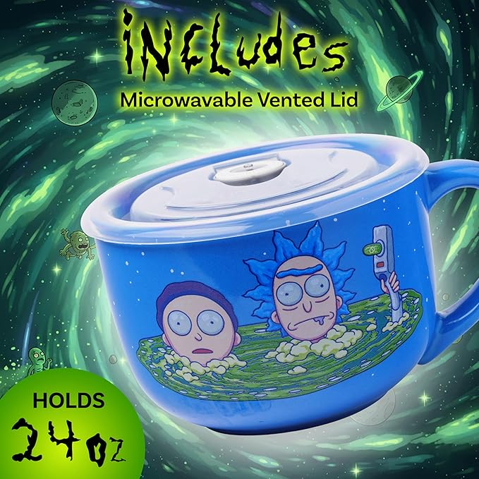 Silver Buffalo Rick and Morty Ceramic Soup Mug with a Vented Plastic Lid, 24 Ounces
