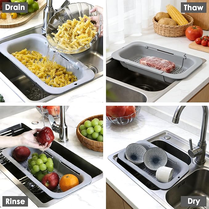 Extendable Colander Strainer Basket, Over the Sink Colander and Strainer for Kitchen, Wash Vegetables and Fruits, Drain Pasta and Dry Dishes, Adjustable Colander from 13.5In to 18.7In, Gray